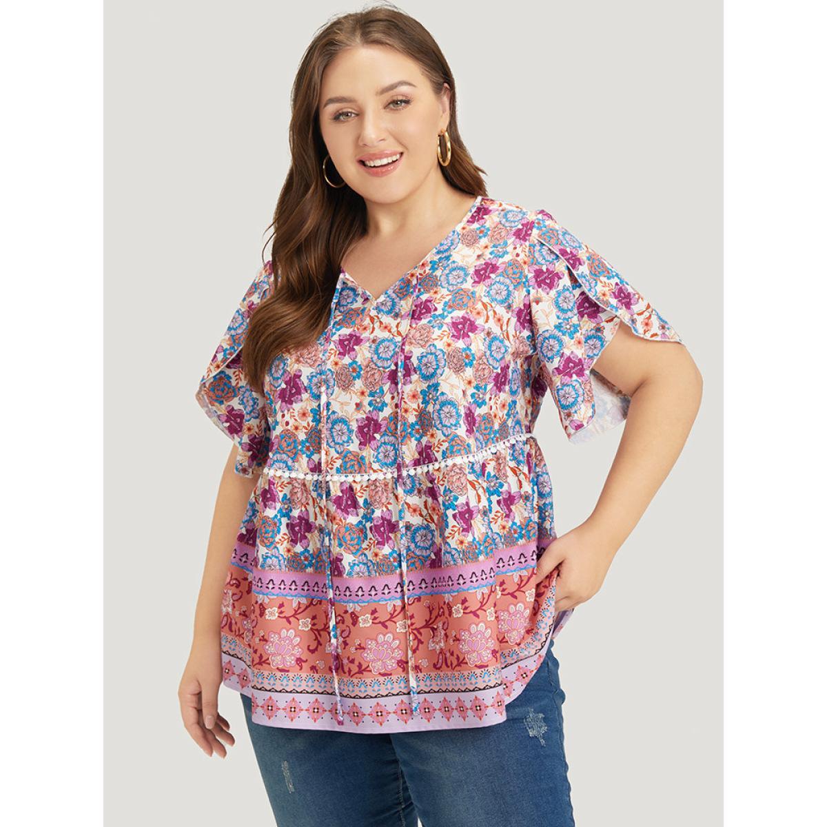 Plus Size Lilac Bandana Print Petal Sleeve Tie Neck Pompom Trim Blouse Women Vacation Short sleeve Tie Neck Dailywear Blouses BloomChic 12/L Product Image