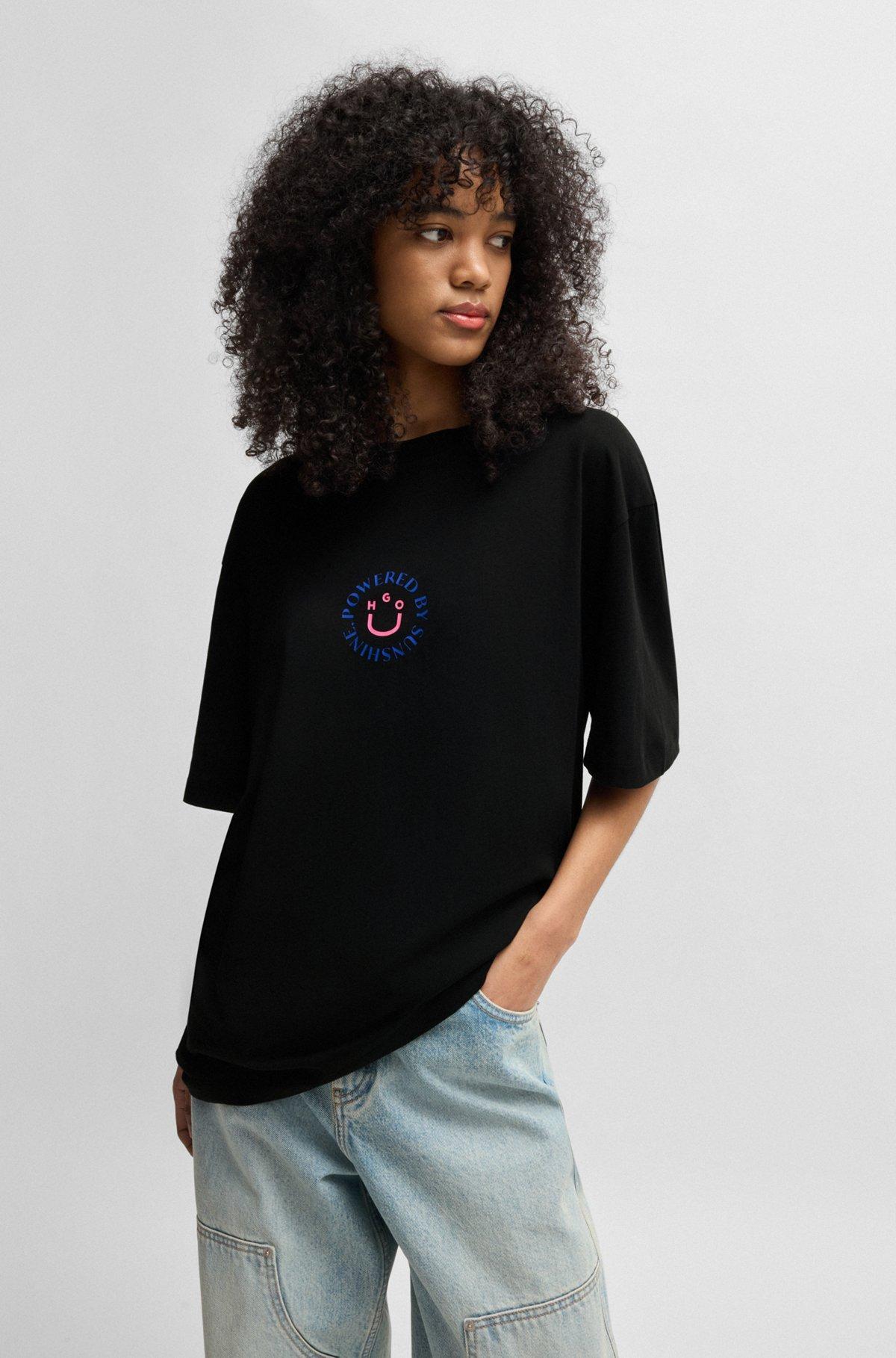 HUGO - Cotton-jersey T-shirt with Happy HUGO logo - Black Product Image