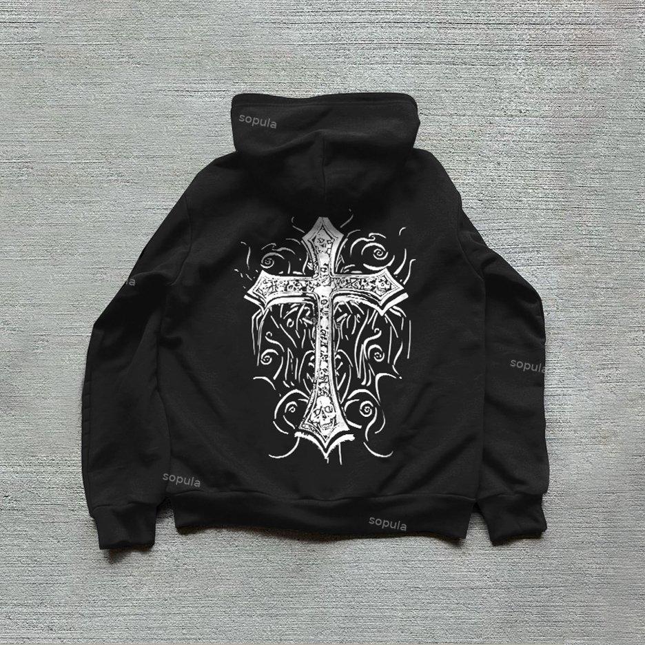 Gothic Style Cross Graphic Zip-Up Fleece Hoodie Product Image