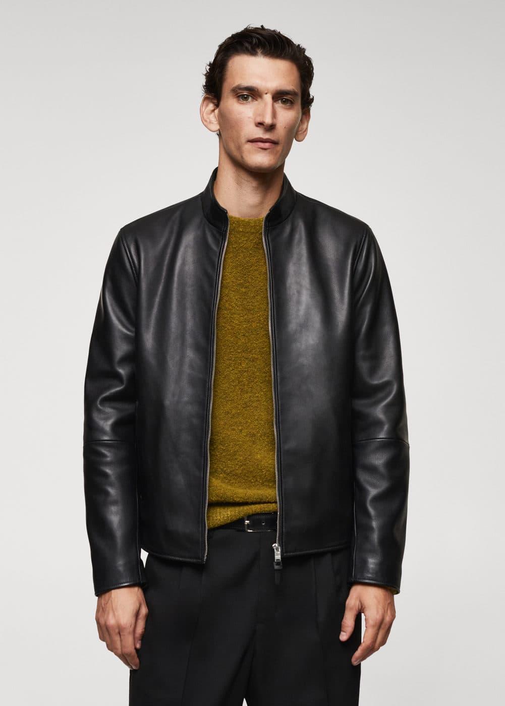 Mango Mens Zip-Detail Leather Biker Jacket Product Image