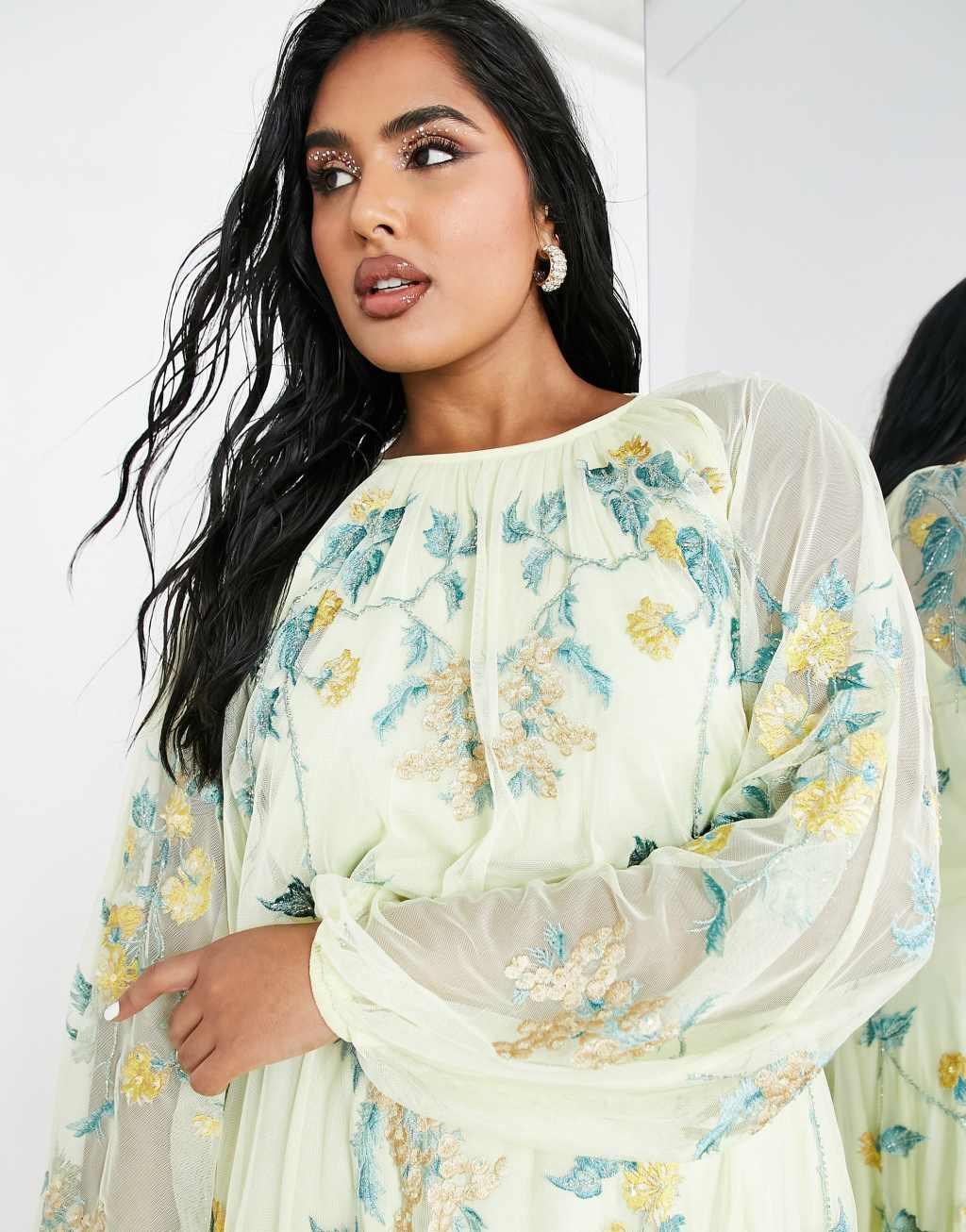 ASOS EDITION Curve floral embroidered mesh midi dress with blouson sleeve in lemon Product Image