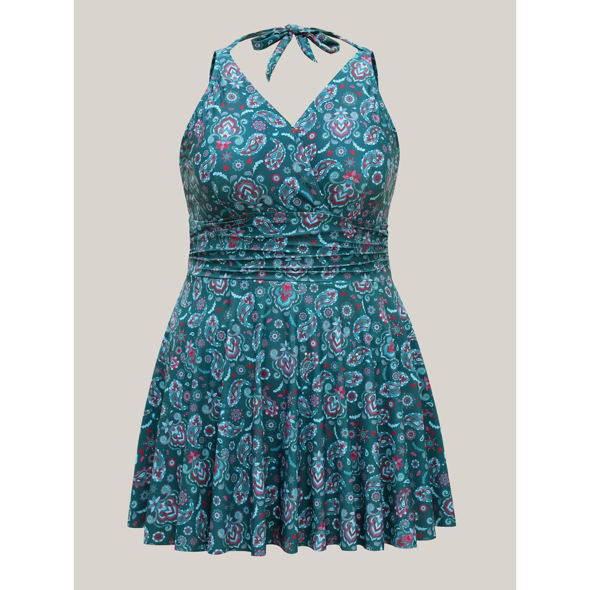 Plus Size Paisley Print Anti Float Tie One-Piece Swimsuit Women's Swimwear Teal Beach Bodycon Overlap Collar High stretch Curve Swim Dresses BloomChic 26/4X Product Image