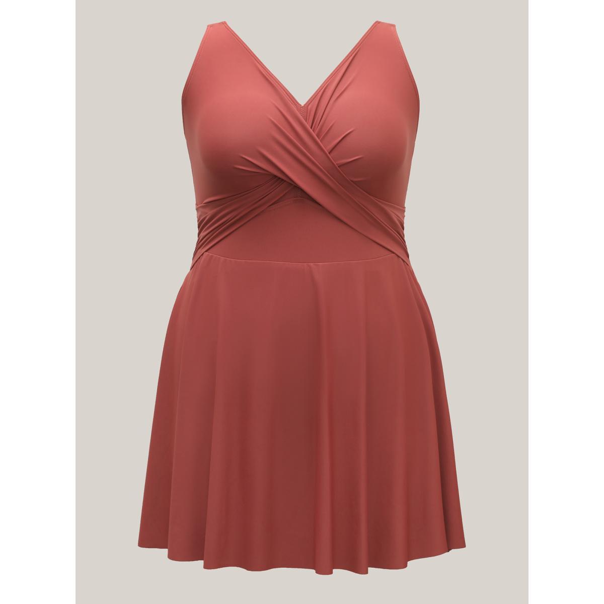Plus Size Anti-Float Ties Crossover Swim Dress Women's Swimwear Rust Beach Bodycon Overlap Collar High stretch Curve Swim Dresses BloomChic 28/5X Product Image