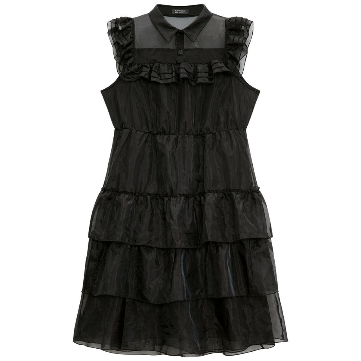 Plus Size Halloween Solid Mesh Layered Ruffle Wednesday Dress Black Women Glamour See through Shirt collar Sleeveless Curvy Midi Dress BloomChic 10/M Product Image