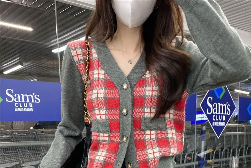 V-Neck Plaid Panel Button-Up Top Product Image