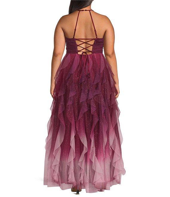 Pear Culture Plus Glitter Ombre Corkscrew Tulle Long Dress Product Image