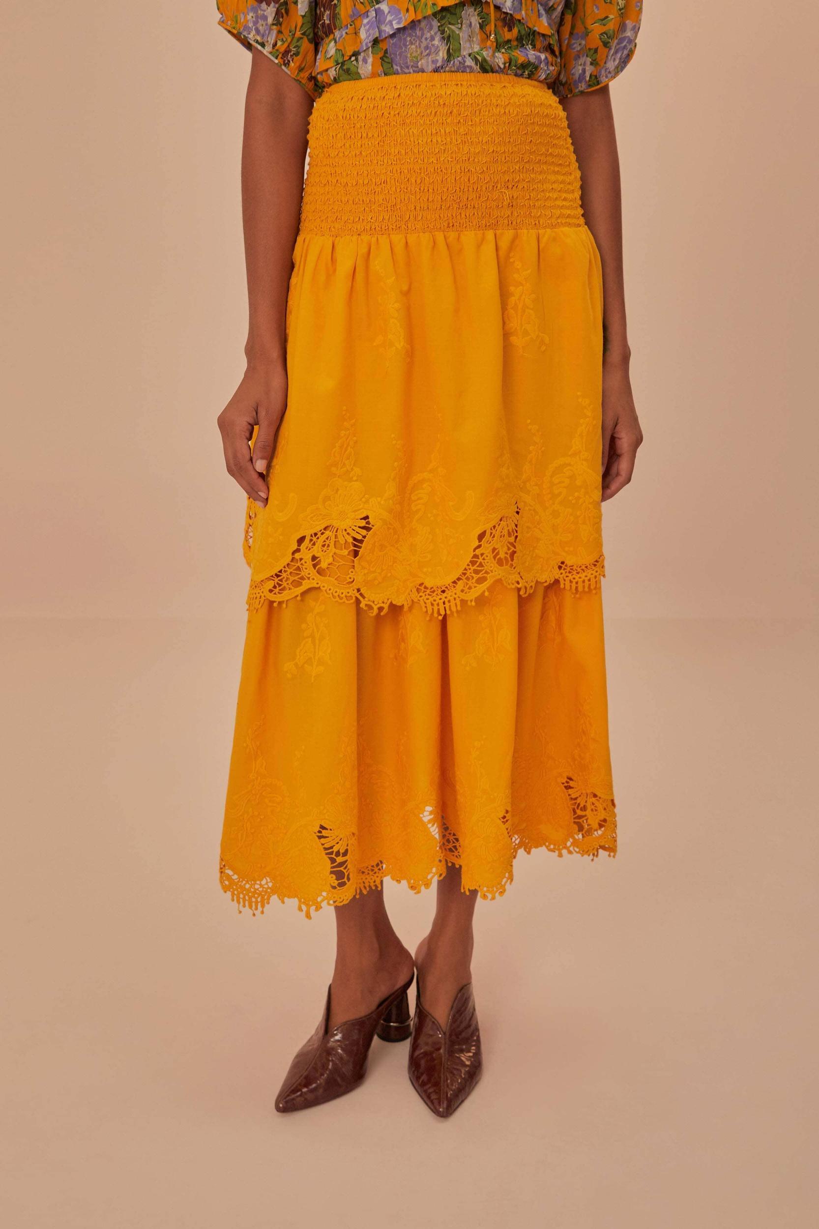 Yellow Mustard Tiered Lace Midi Skirt, MUSTARD / XXS Product Image