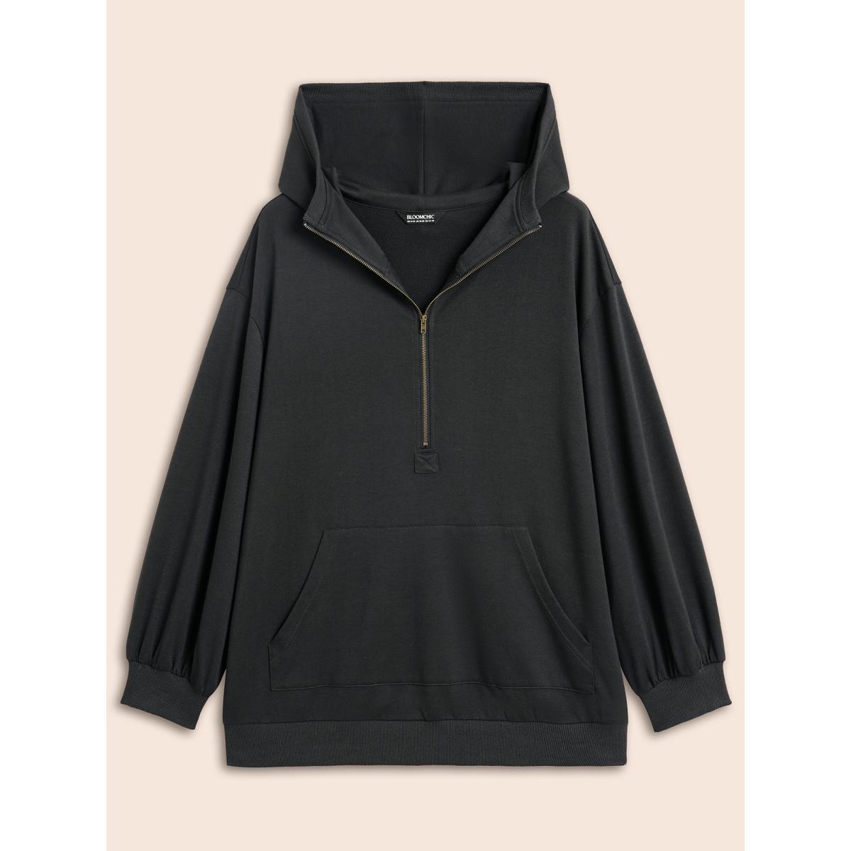 Plus Size Half Zip Hooded Pocket Sweatshirt Women DimGray Casual Patchwork Hooded Everyday Sweatshirts BloomChic 12/L Product Image
