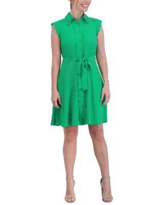 Eliza J Womens Scallop-Trim Tie-Waist Collared Shirtdress Product Image