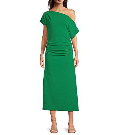 Gibson  Latimer Crepe Knit Asymmetric Neck One Shoulder Off-the-Shoulder Short Sleeve Ruched Sheath Midi Dress Product Image