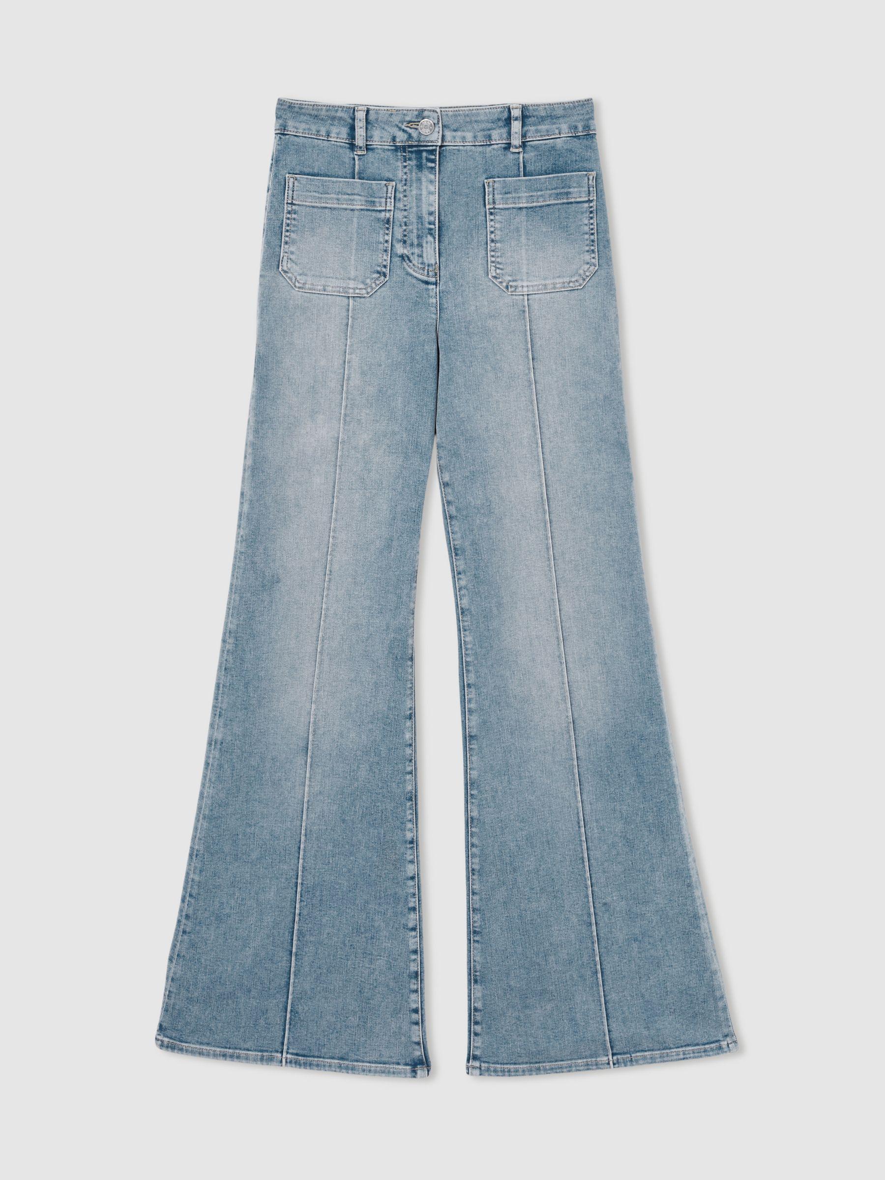 Petite Straight-Leg Patchwork Jeans in Mid Blue Product Image
