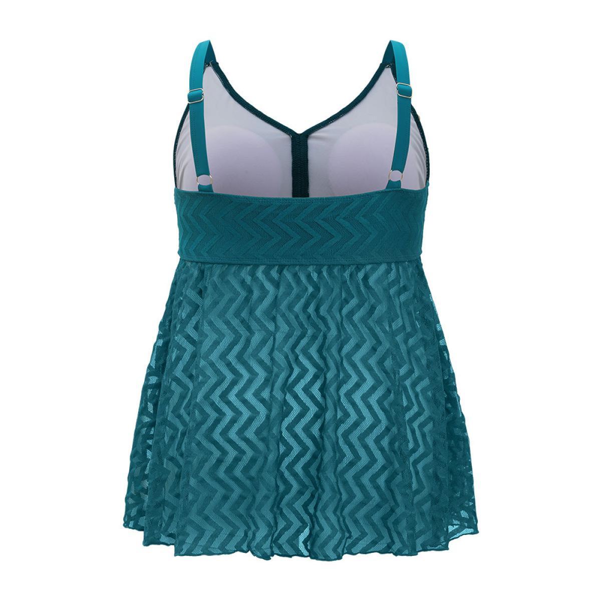 Plus Size Plain Geometric Mesh Flutter Hem V Neck Tankini Top Women's Swimwear Teal Vacation Adjustable Straps Medium stretch Bodycon V-neck Curve Swim Tops BloomChic 10/M Product Image