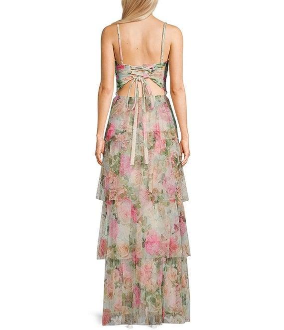 Blondie Nites Floral Print Sweetheart Neck Spaghetti Strap Ruffle Tiered Tie Back Dress Product Image
