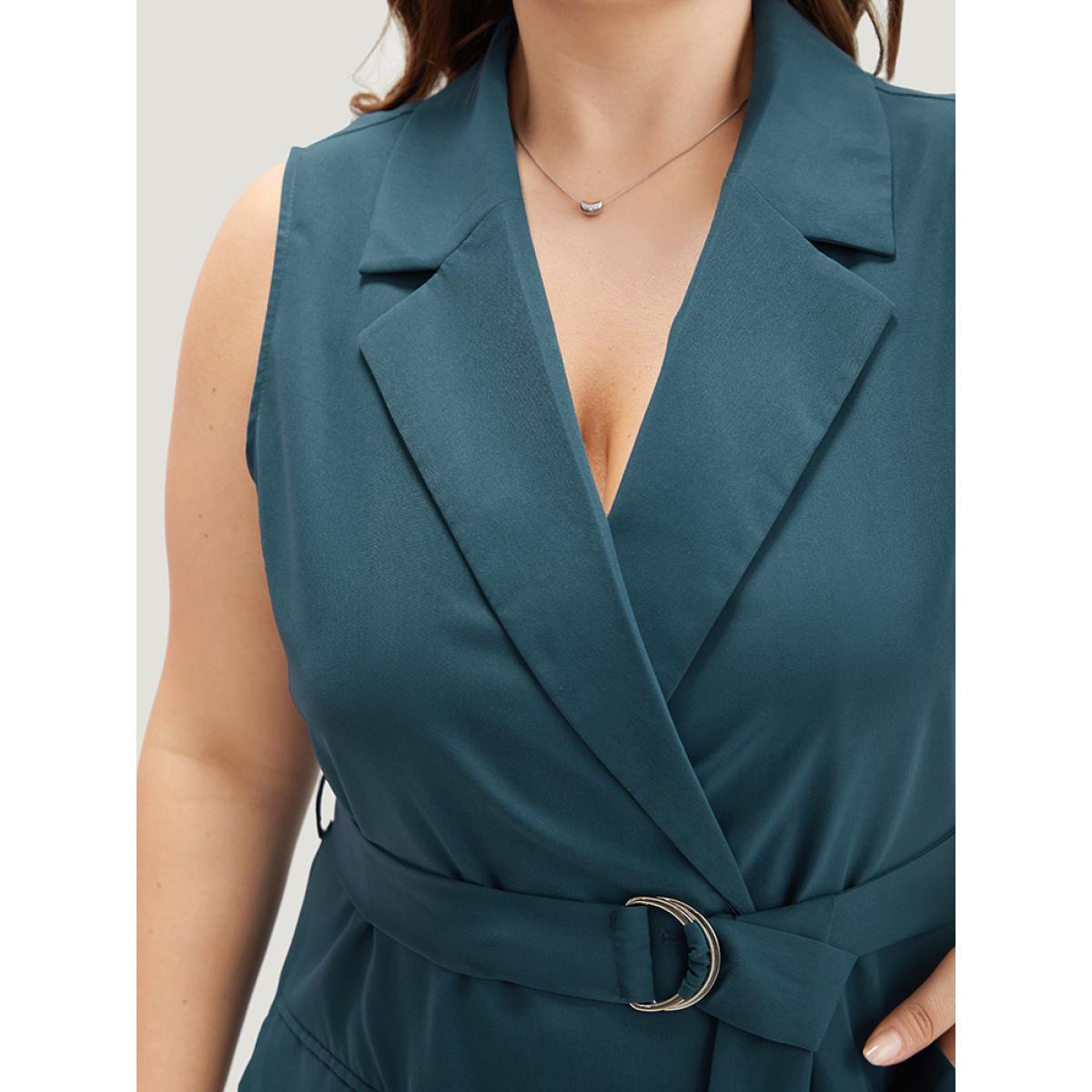 Plus Size Plain Belted Lapel Collar Sleeveless Blazer Aegean Women Work Plain Plain Sleeveless Sleeveless Lapel Collar 14-16/1X Pocket Belt Office Blazers BloomChic Product Image