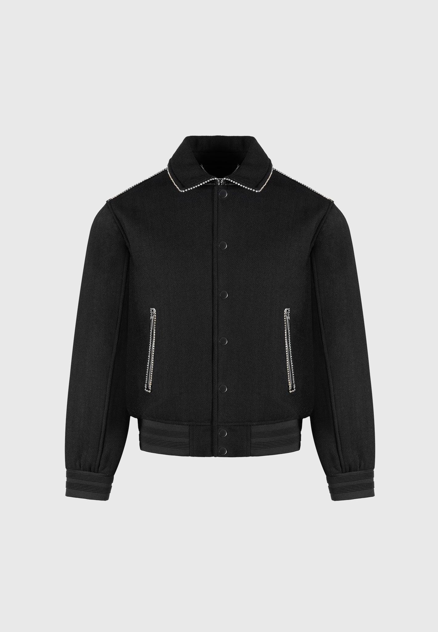 Rhinestone Wool Blend Varsity Jacket - Black Male Product Image