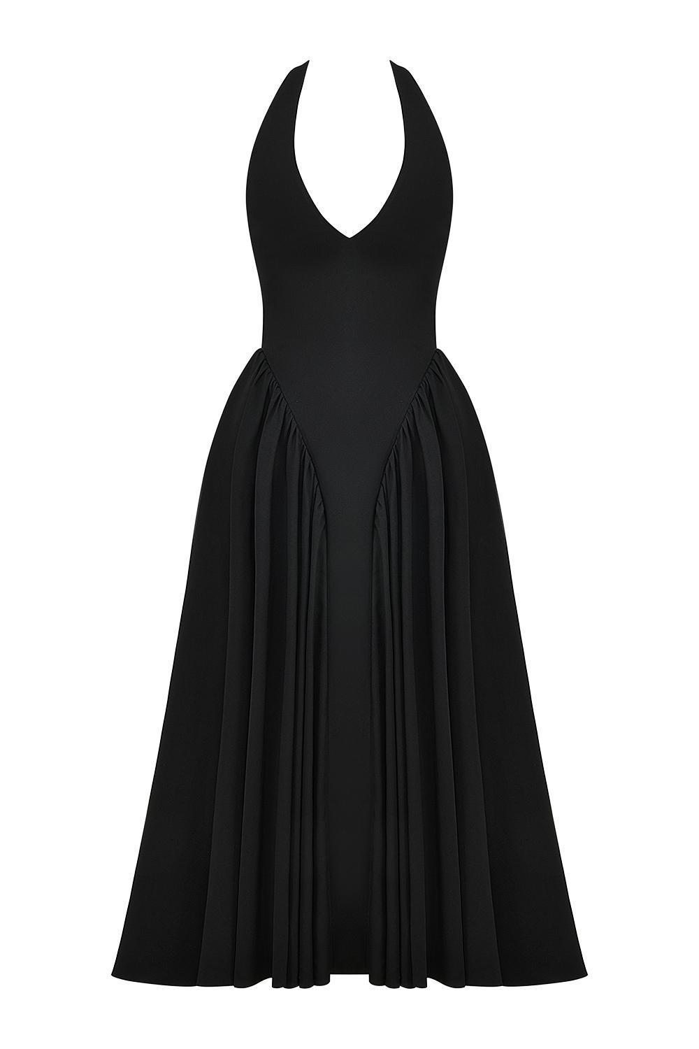 Marilyn Black Twill Halter Midi Dress Product Image