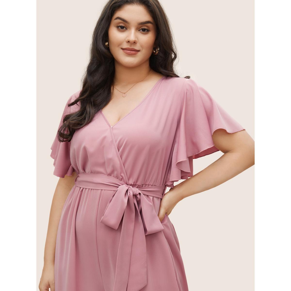 Plus Size Rouge Anti-Wrinkle Plain Belted Flutter Sleeve Zipper Jumpsuit Women Elegant Short sleeve Overlap Collar Everyday Loose Jumpsuits BloomChic 26/4X Product Image
