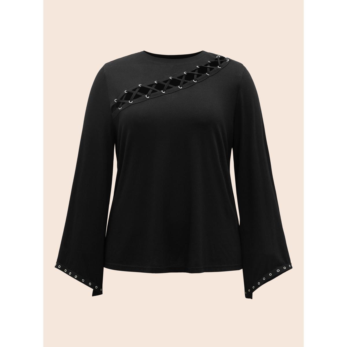 Plus Size Peek-A-Boo Cut-Out Neckline T-shirt Black Women Elegant Eyelet Round Neck Everyday T-shirts BloomChic 22-24/3X Product Image