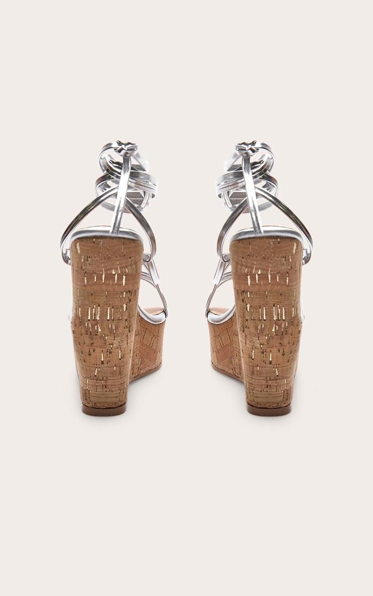 Silver Pu Strappy Lace Up High Heel Cork Wedges Product Image