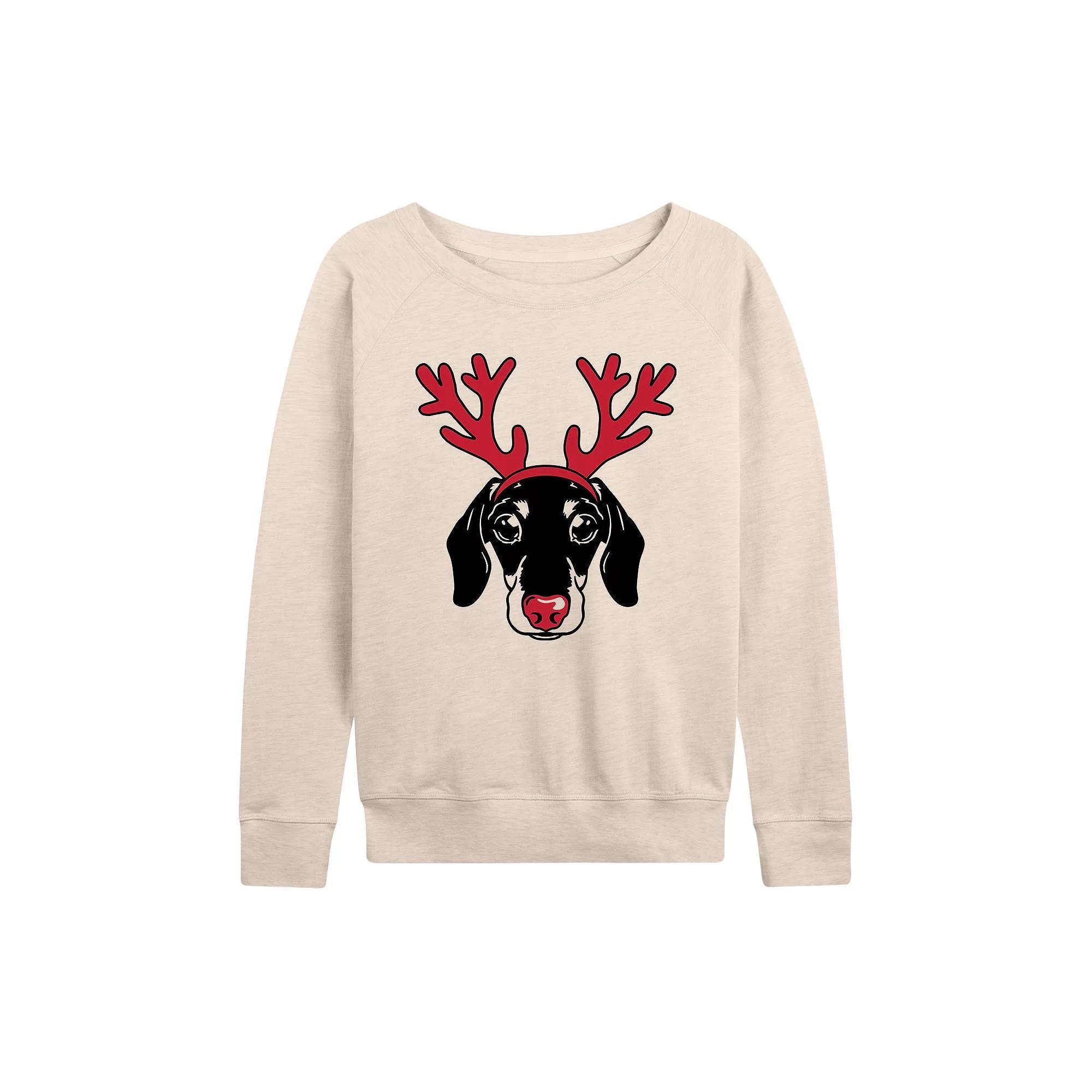 Women's Dachshund Reindeer Antlers French Terry Long Sleeve Tee, Size: Small, Beige Product Image