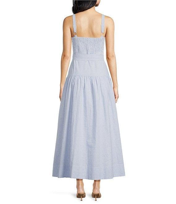 A Loves A Linen Stripe Sweetheart Neck Tank Strap Button Front Tie Drop Waist Flounce A-Line Midi Dress Product Image