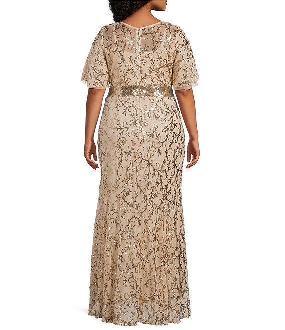 R & M Richards Plus Size Godet Skirt V-Neck Short Flutter Sleeve Sequin Power Mesh Dress Product Image