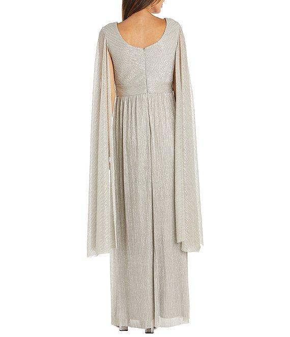 R & M Richards Crinkle Metallic Cape Sleeve Rhinestone Detail V-Neck Empire Waist Gown Product Image