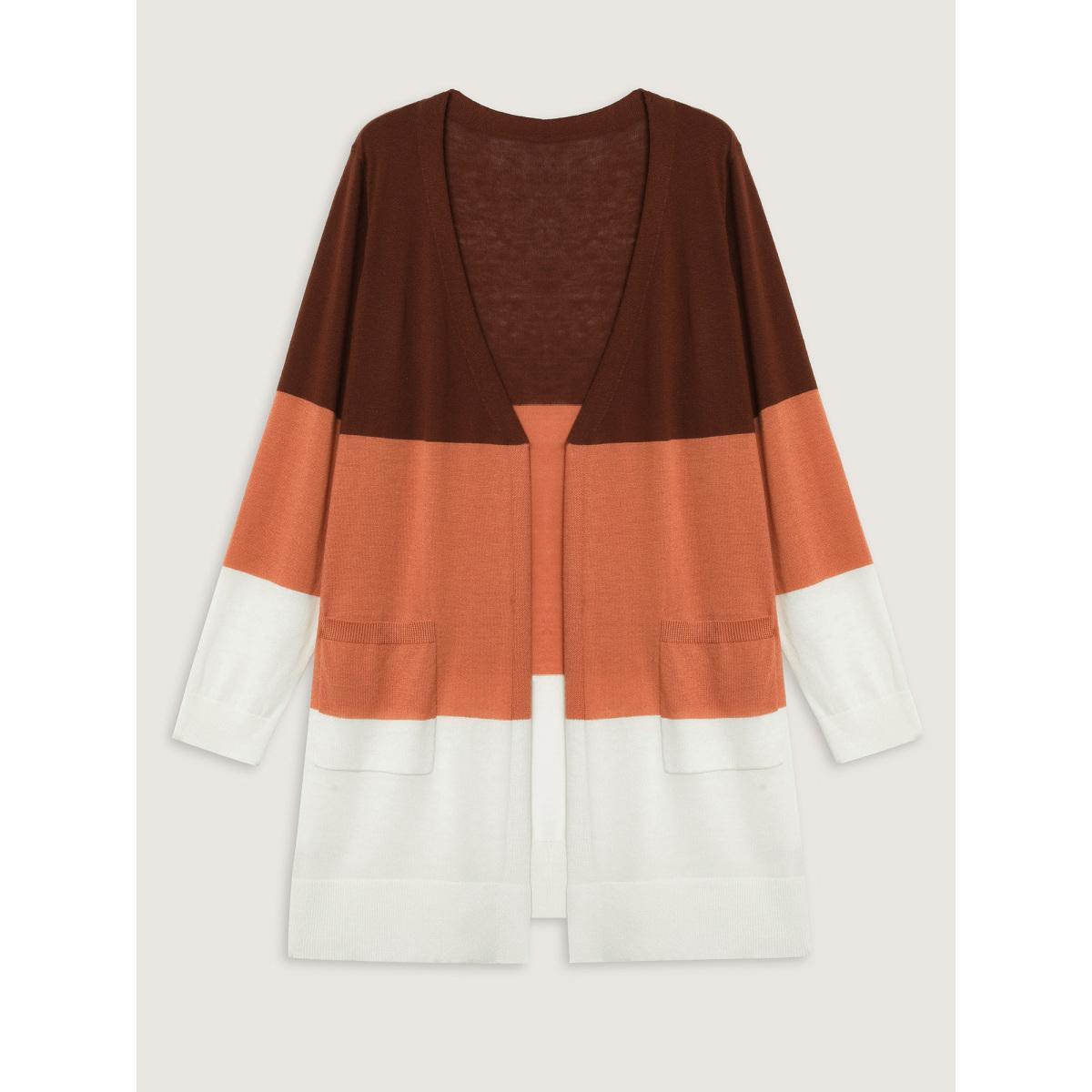 Plus Size Supersoft Color Block Front-Open Lightweight Cardigan Browncoffeecolor Women Loose Long Sleeve Everyday-Casual Cardigans BloomChic 18-20/2X Product Image