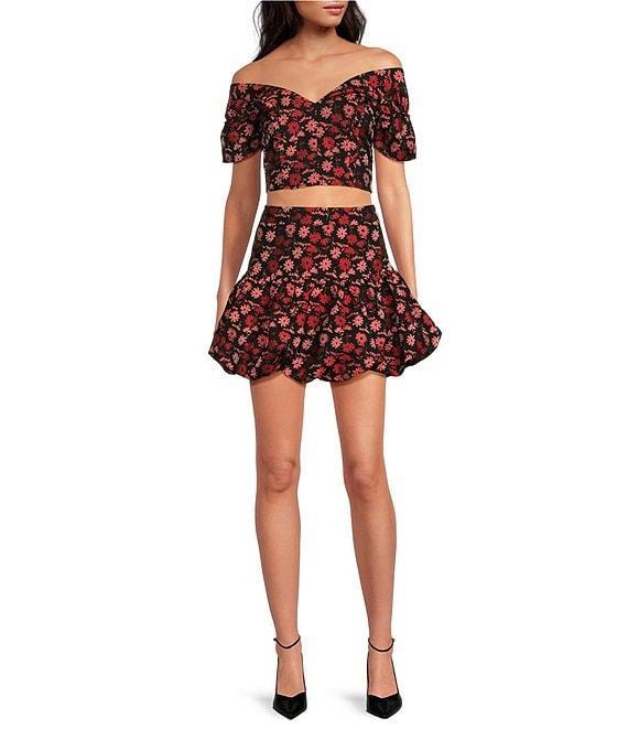 Sugarlips Floral Jacquard Off The Shoulder Neck Short Sleeve Coordinating Cropped Top Product Image