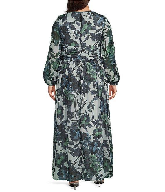 Ignite Evenings Plus Size Printed Long Illusion Sleeve V-Neck Chiffon Maxi Dress Product Image