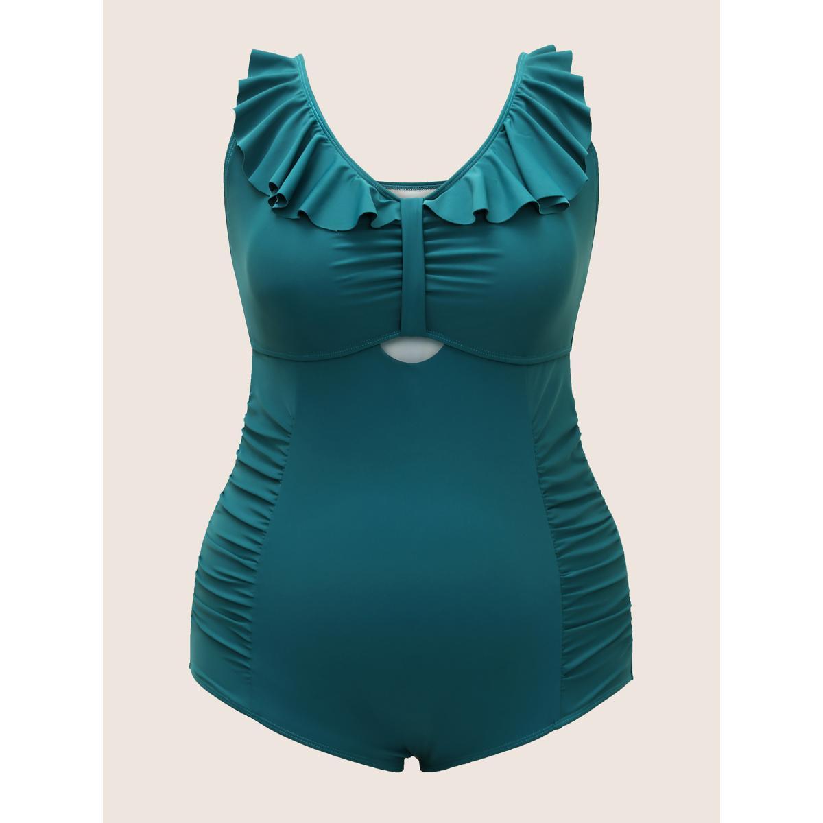 Plus Size Solid Cut Out Ruffle Trim One Piece Swimsuit Women's Swimwear Cyan Beach Gathered Curve Bathing Suits High stretch One Pieces BloomChic 22-24/3X Product Image