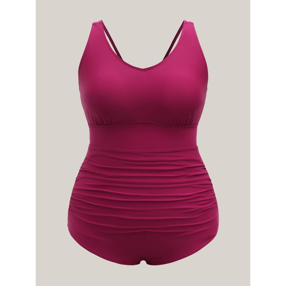 Plus Size Backless Ruched Adjustable One-Piece Swimsuit Women's Swimwear Rosered Beach Gathered Curve Bathing Suits High stretch One Pieces BloomChic 14-16/1X Product Image