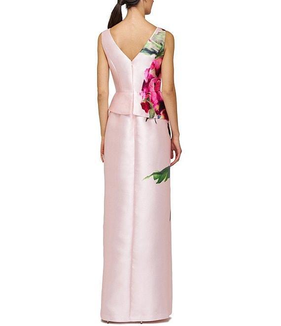 Kay Unger Eden Boat Neck Sleeveless Floral Placement Print Ruffle Peplum Mikado Column Gown Product Image