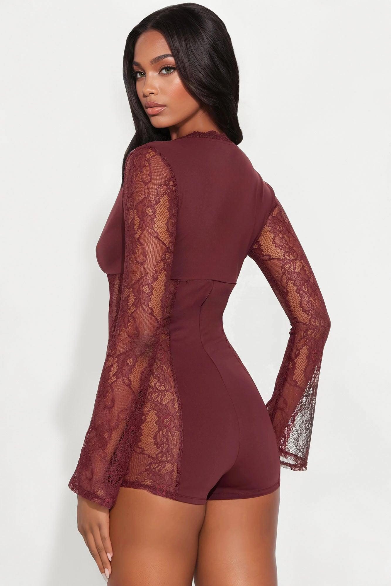 Cleo Lace Long Sleeve Romper - Burgundy Product Image