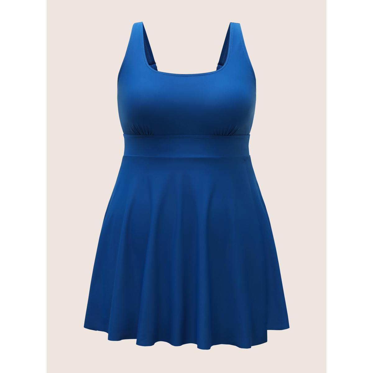 Plus Size U Neck Solid Tiered Slit Hem Swim Dress Women's Swimwear Mediumblue Beach Bodycon U-neck High stretch Curve Swim Dresses BloomChic 22-24/3X Product Image