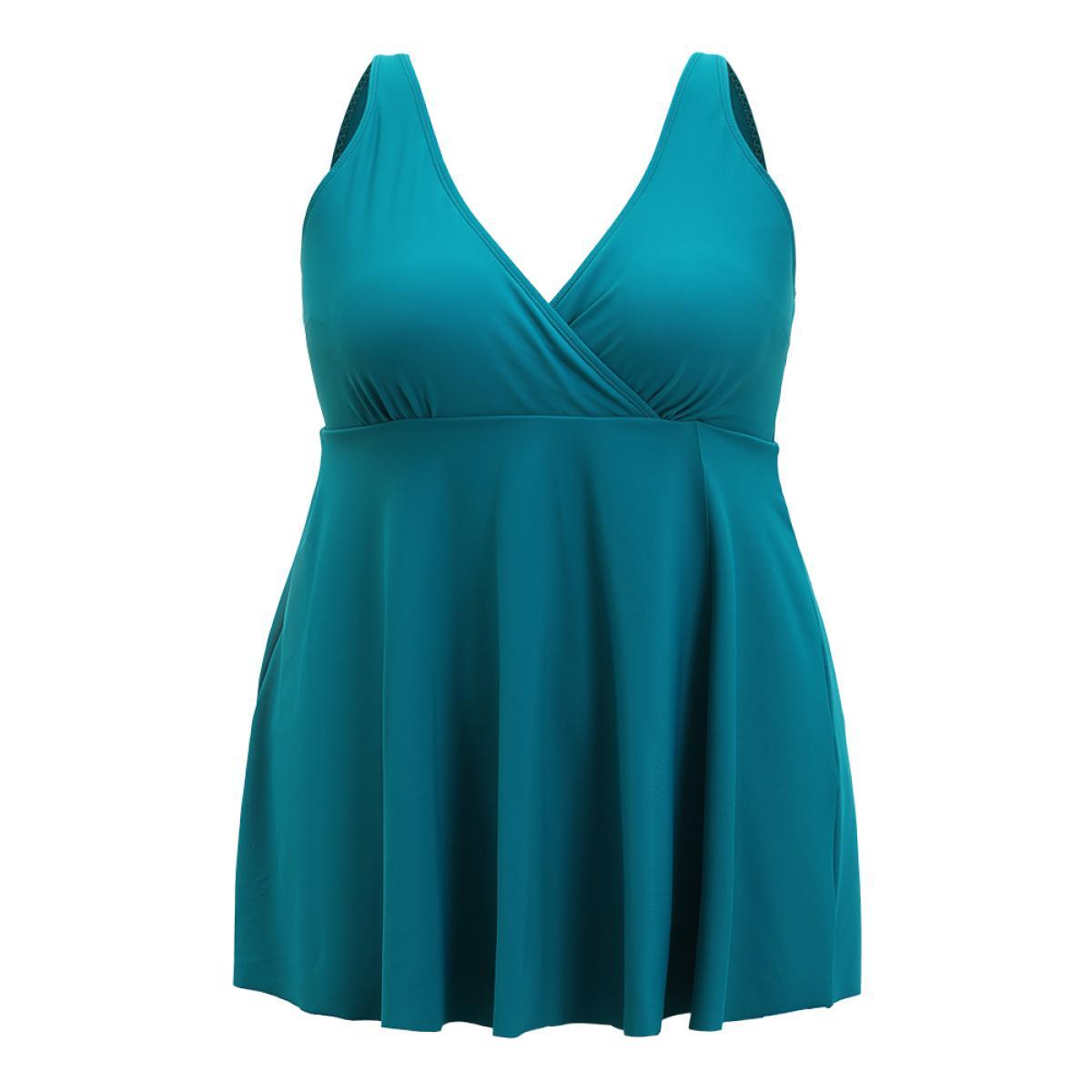 Plus Size Adjustable Straps Ruffles Wrap Split Swim Dress Women's Swimwear Teal Vacation Bodycon V-neck High stretch Curve Swim Dresses BloomChic 28/5X Product Image