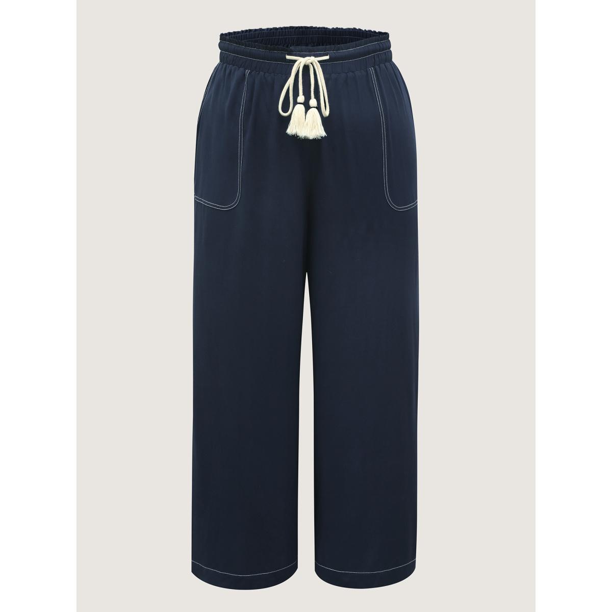 Plus Size Contrast Thread Detail Wide-Leg Pants Women Indigo Casual Loose Mid Rise Everyday-Casual Pants BloomChic 22-24/3X Product Image