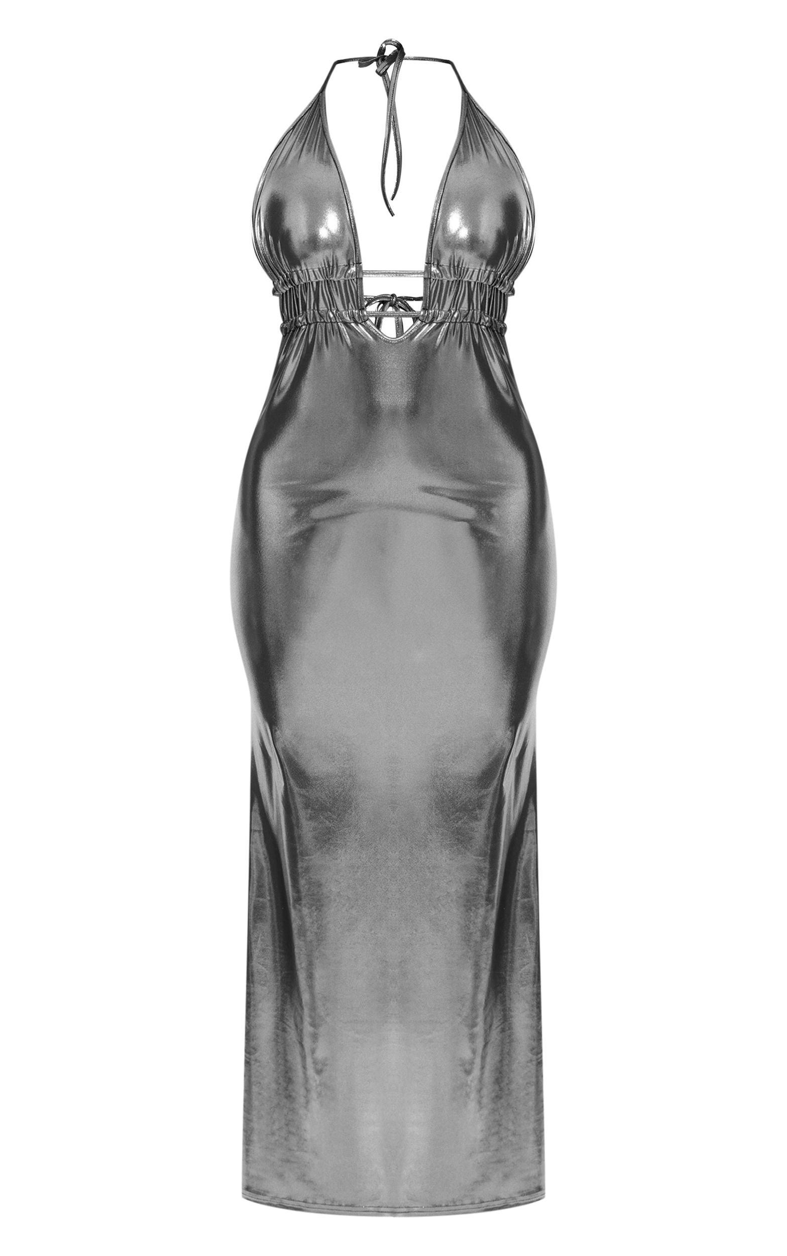 Shape Silver Metallic Wet Look Plunge Front Halter Neck Maxi Dress Product Image