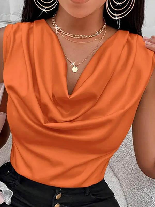 Loose Sleeveless Pleated Solid Color V-Neck Vest Top Product Image