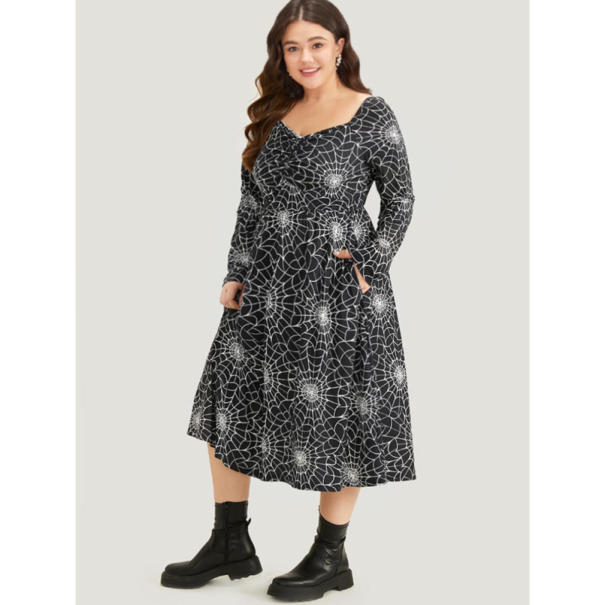 Plus Size Halloween Spider Web Pocket Square Neck Dress Black Women Casual Gathered Square Neck Long Sleeve Curvy Midi Dress BloomChic 18-20/2X Product Image