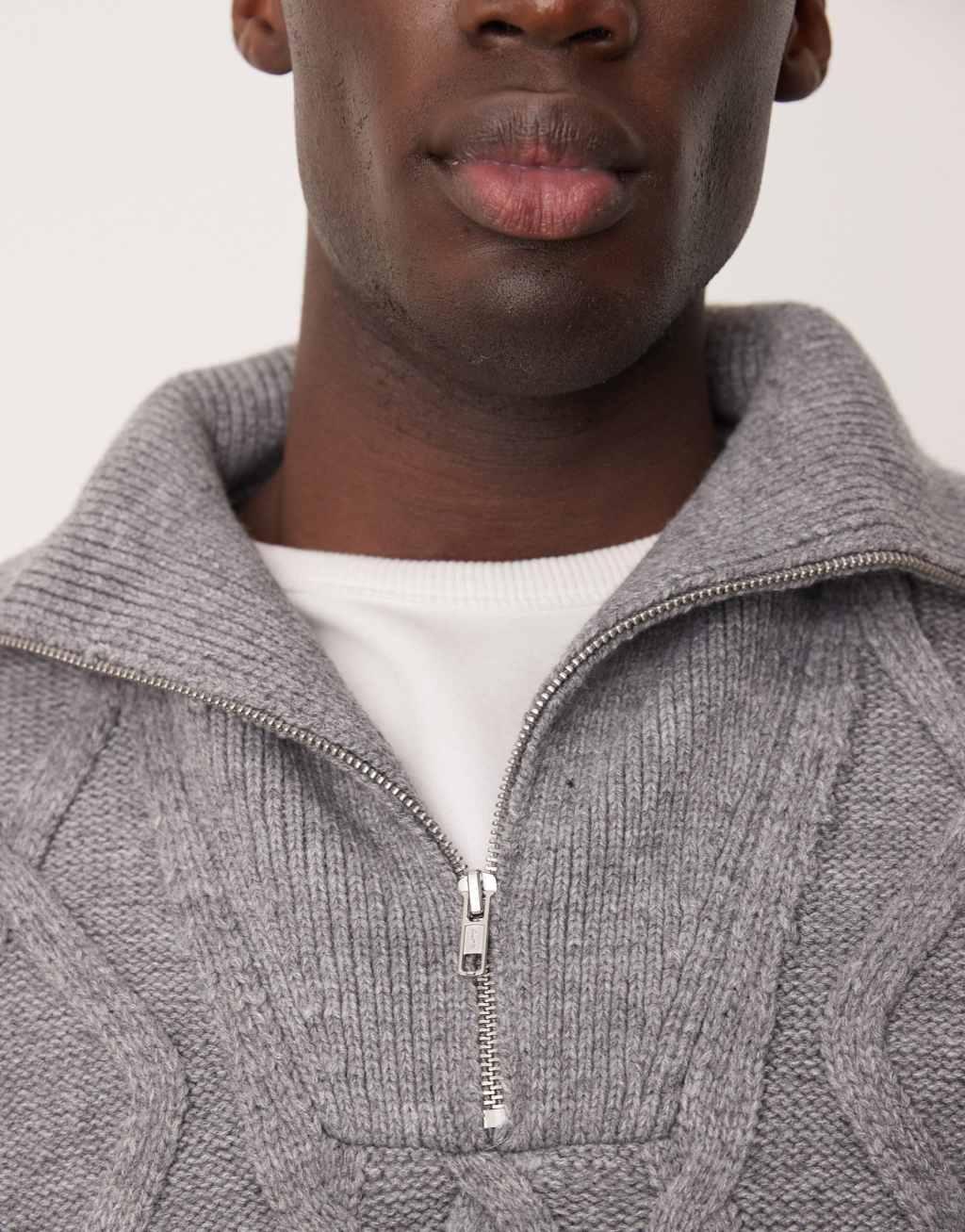 ASOS DESIGN oversized heavyweight knitted wool mix cable quarter zip sweater in gray Product Image