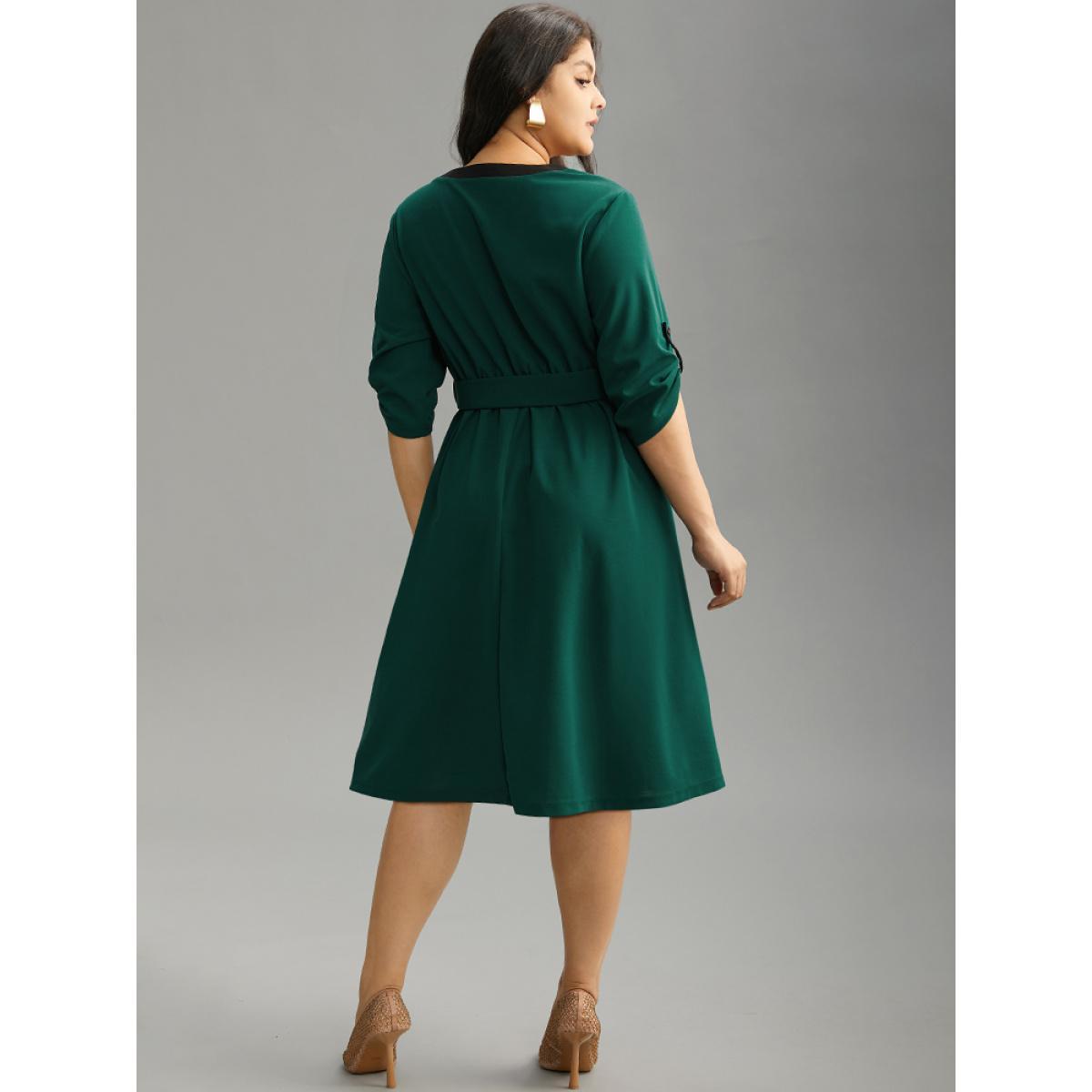 Plus Size Solid Contrast Trim Belted Flap Detail Dress Emerald Women Office Gathered V-neck Elbow-length sleeve Curvy Midi Dress BloomChic 18-20/2X Product Image