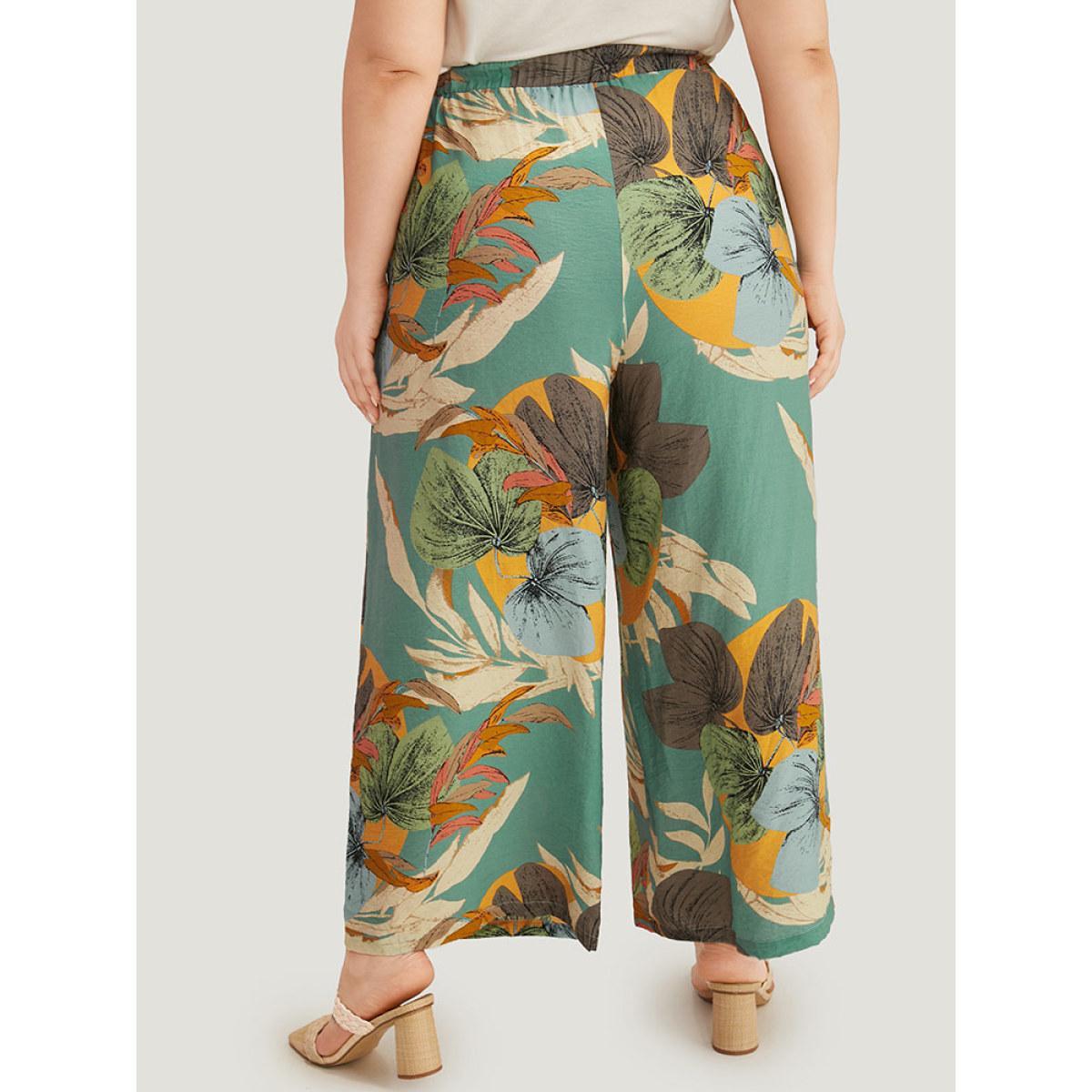 Plus Size Plants Print Elastic Waist Ties Pants Women Mint Vacation Straight Leg High Rise Dailywear Pants BloomChic 12/L Product Image