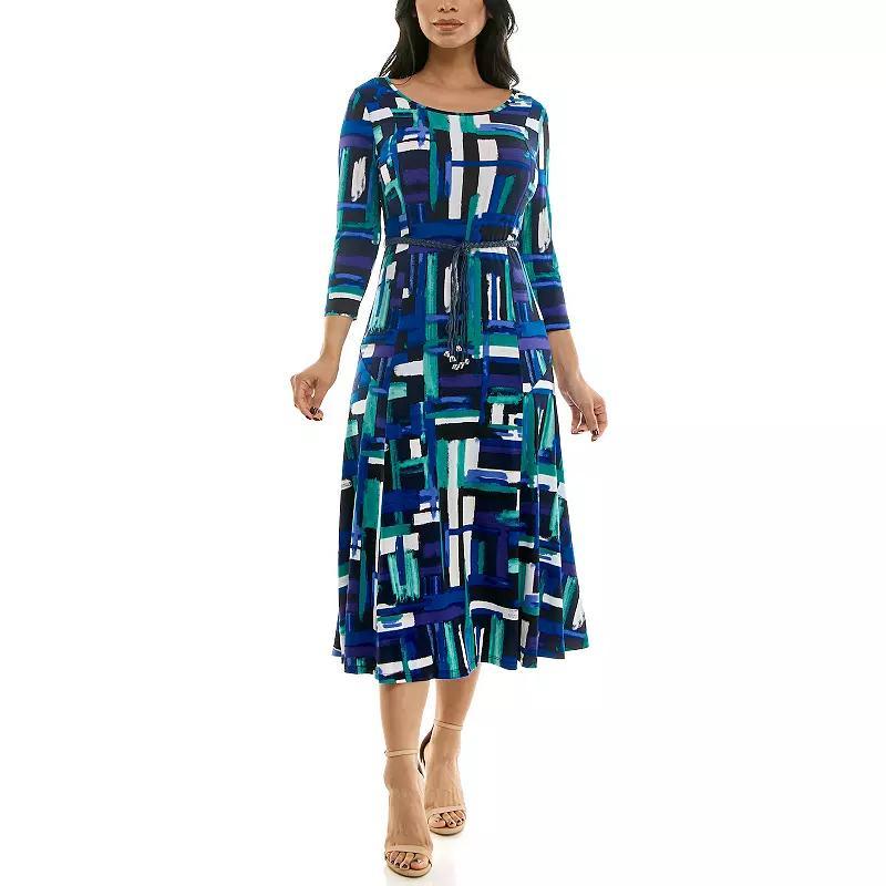 Women's Nina Leonard Sylvia Three-Quarter Sleeve Belted Midi Dress, Size: Large, Blue Team Combo Product Image