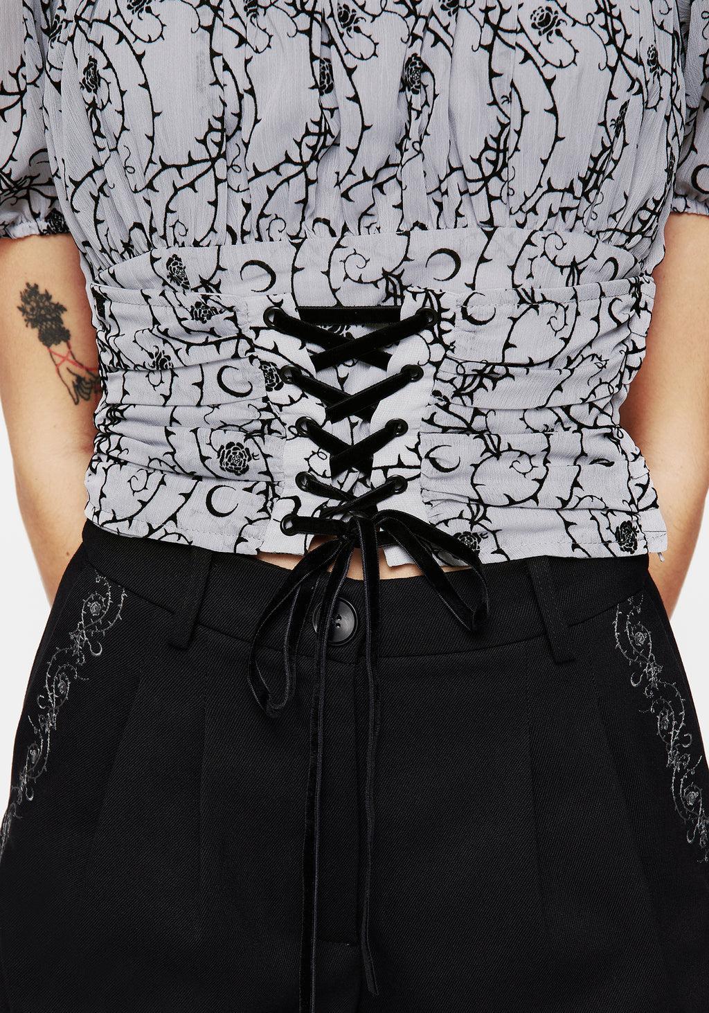 Rosethorn Flocked Velour Chiffon Corset Crop Top - Blue Product Image