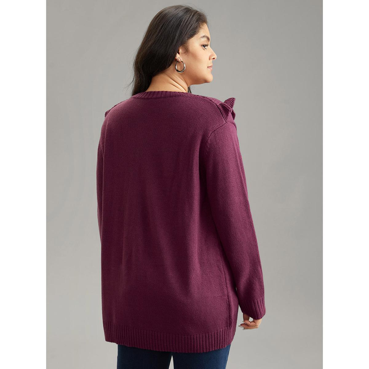 Plus Size Solid Flutter Trim Plisse Loose Pullover Burgundy Women Casual Loose Long Sleeve Round Neck Dailywear Pullovers BloomChic 18-20/2X Product Image