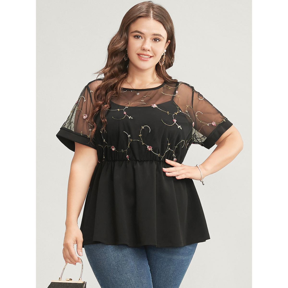 Plus Size Black Floral Embroidered Mesh Patchwork Ruffles Blouse Women Glamour Short sleeve Round Neck Party Blouses BloomChic 10/M Product Image