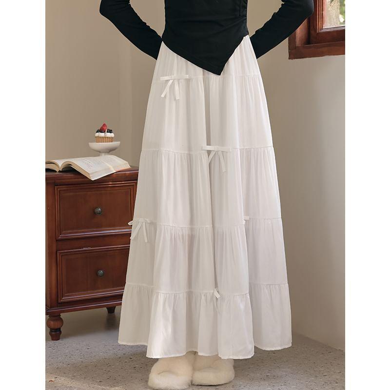 Long-Sleeve Square Neck Asymmetrical Top / High Rise Maxi A-Line Skirt Product Image