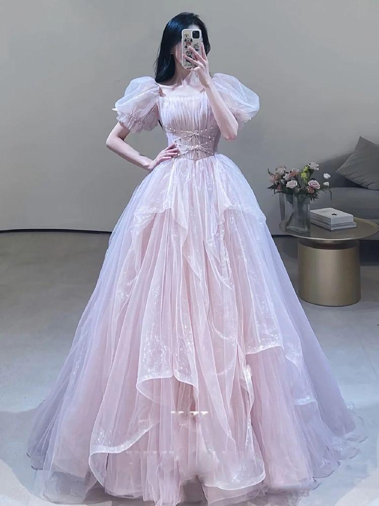 Short-Sleeve Square Neck Plain Ruched Criss Cross Mesh A-Line Evening Gown Product Image