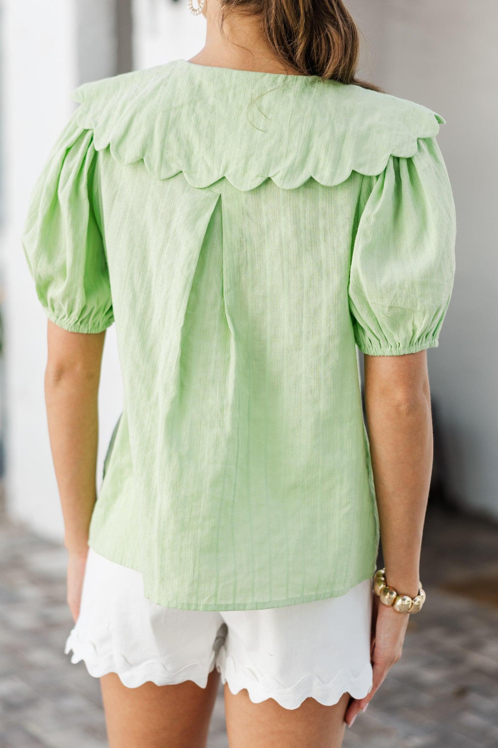 Top Of Mind Apple Green Scalloped Blouse Female Product Image
